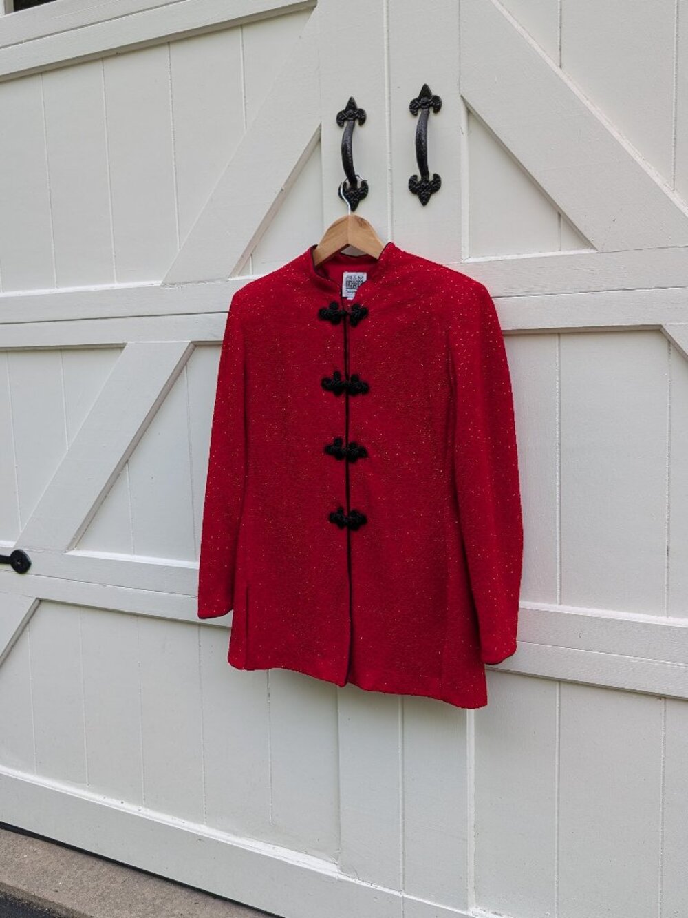Vintage 90s R&M Richards Red Glitter Mandarin Collar Frog Closure Jacket (14P)